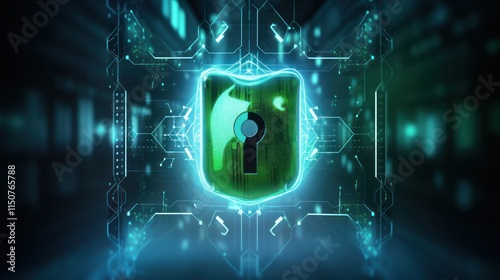 3D futuristic illustration of health and data security: digital lock, glowing medical symbols, blue-green gradient, and binary code. Ideal for healthcare, privacy, and tech themes.