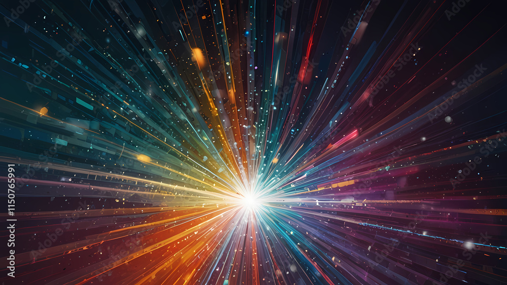 Naklejka premium A dynamic abstract composition mimicking the burst of a camera bulb, showcasing spiraling light trails, shimmering particles, and a fusion of bright whites and pastel colors, creating a radiant and mo