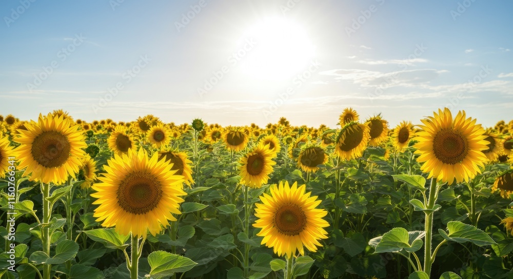 Fototapeta premium Vibrant sunflower field with bright yellow flowers under clear sunny sky