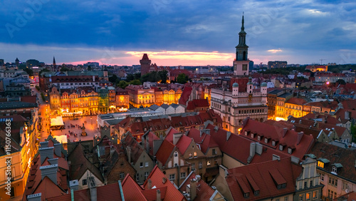 aerial evening view of the city center of poznan in poland in spring
