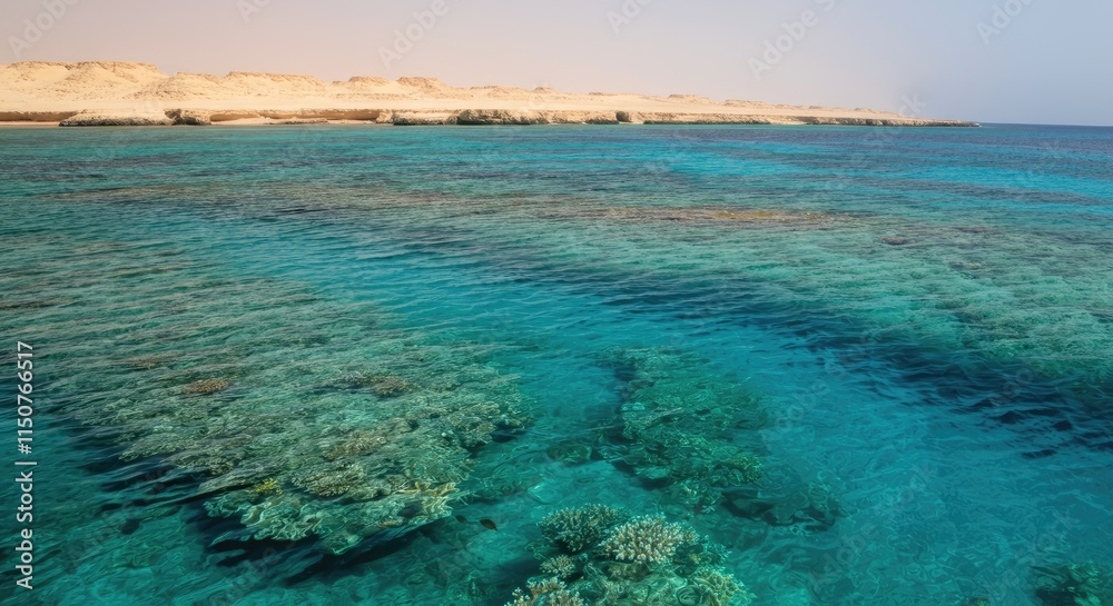 Obraz premium Clear turquoise water with visible coral reef near sandy shore