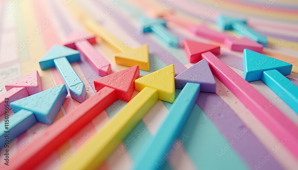 Colorful 3D arrows pointing in different directions on a striped background Colorful 3D arrows pointing in different directions on a striped background