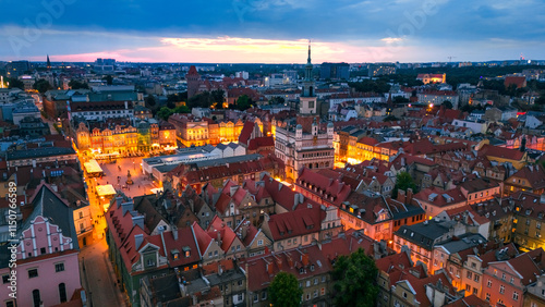 aerial evening view of the city center of poznan in poland in spring
