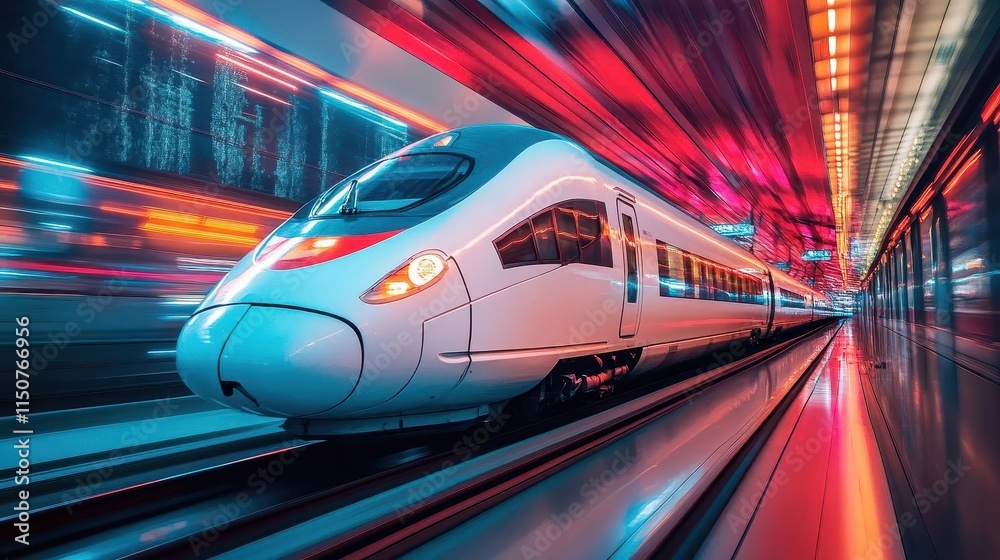Fototapeta premium High-speed train with vibrant lighting, sleek design, dynamic energy
