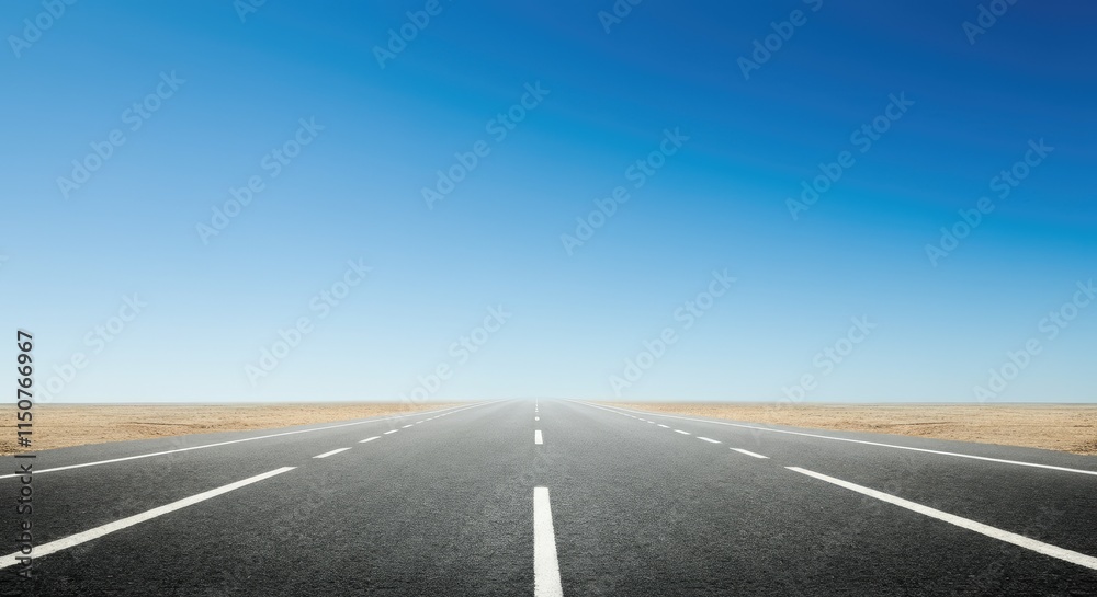 Fototapeta premium Empty straight road leading into horizon, with vast desert and clear blue sky