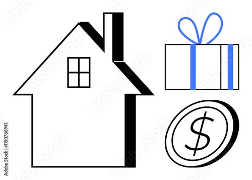 House structure with window, gift box tied with ribbon, and dollar coin with dollar sign. Ideal for real estate, home buying, financial rewards, investment, property gifting, savings budget planning