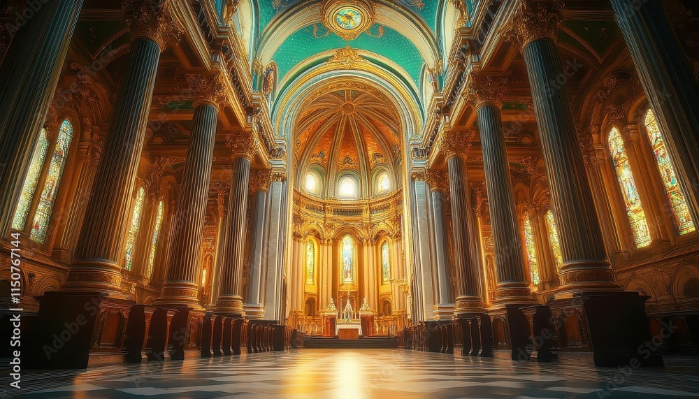 Obraz premium Historic cathedral with vibrant lighting, soft glow, serene architectural setup