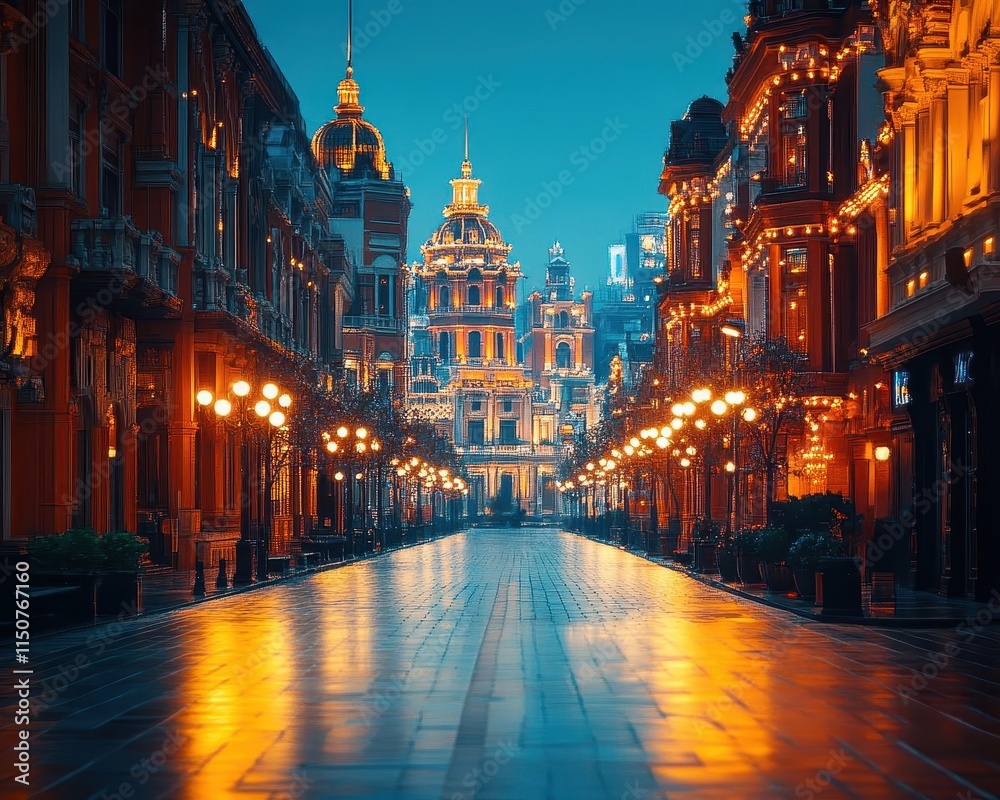 Naklejka premium Historical landmark with vibrant architecture, soft lighting, serene atmosphere