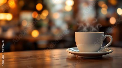 Wallpaper Mural Steaming Cup of Coffee on Wooden Table in Cozy Cafe Torontodigital.ca