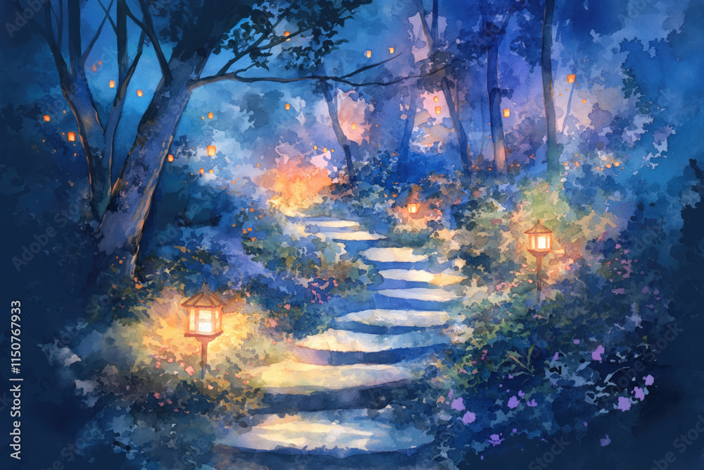Fototapeta premium A Vibrant Watercolor of a Lantern-Lit Garden Path Illuminated by Warm Light