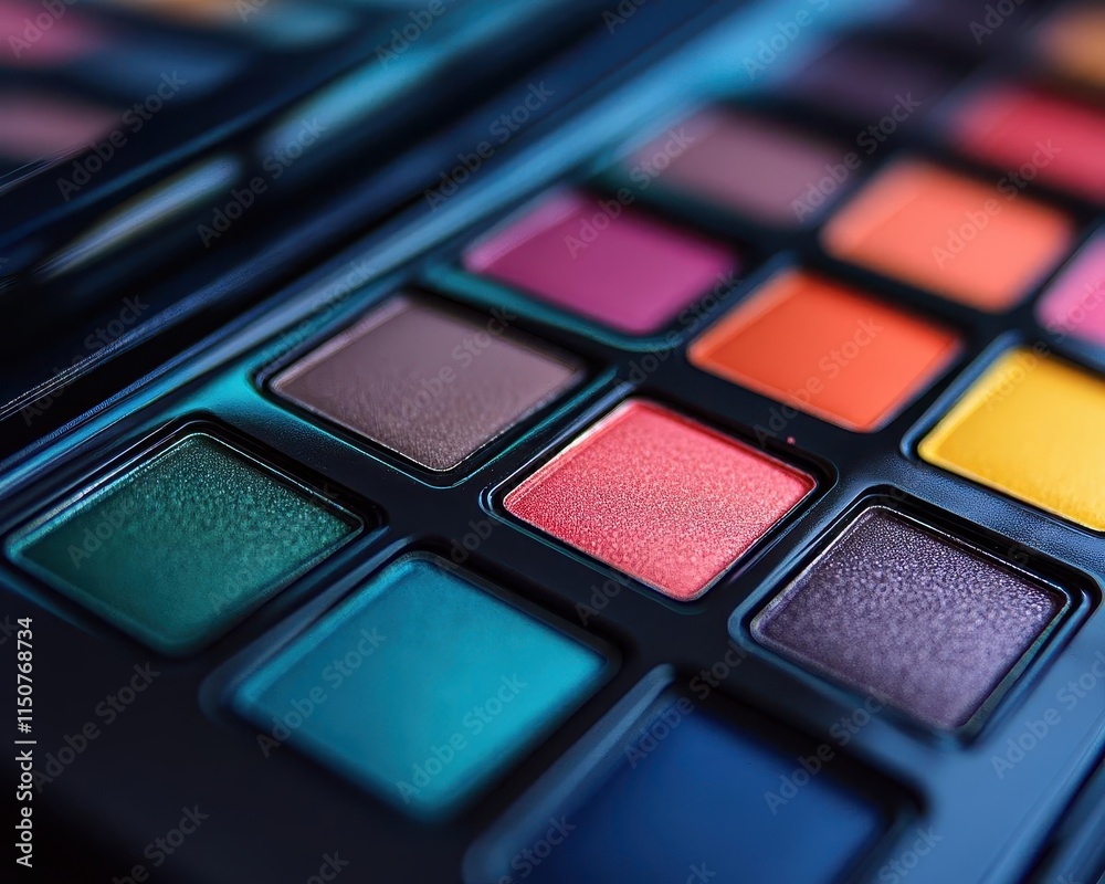 Makeup palette with vibrant colors, sleek design, soft lighting Makeup palette with vibrant colors, sleek design, soft lighting