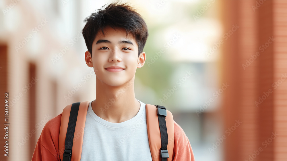 young man with friendly smile walks confidently down sunny corridor, showcasing casual style with backpack. His relaxed demeanor adds sense of warmth to scene. young man with friendly smile walks confidently down sunny corridor, showcasing casual style with backpack. His relaxed demeanor adds sense of warmth to scene.