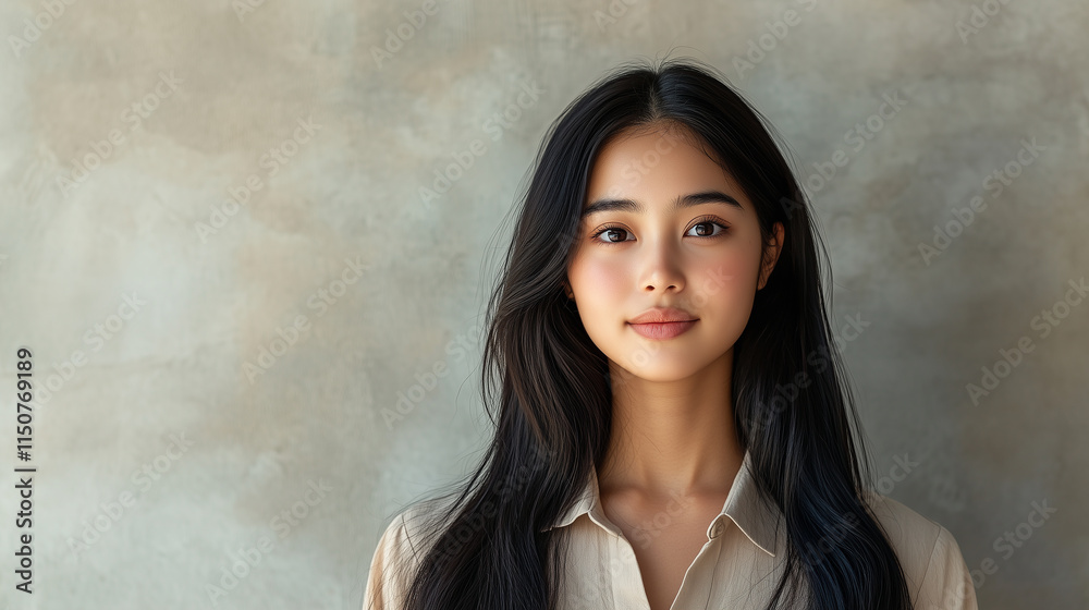 young woman with long black hair poses against textured gray background, exuding calm and serene expression. Her natural beauty is highlighted by soft lighting. young woman with long black hair poses against textured gray background, exuding calm and serene expression. Her natural beauty is highlighted by soft lighting.