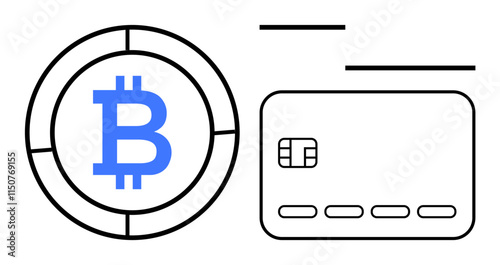Bitcoin cryptocurrency coin beside a credit card with electronic chip and number indicators. Ideal for fintech, digital currency, online payments, financial technology, e-commerce, digital wallets