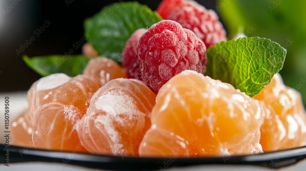 Fruit salad with mandarins and raspberries  
