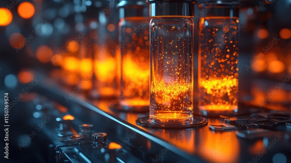 Close-up of glowing vials filled with a luminous substance, suggesting scientific experimentation. Close-up of glowing vials filled with a luminous substance, suggesting scientific experimentation.