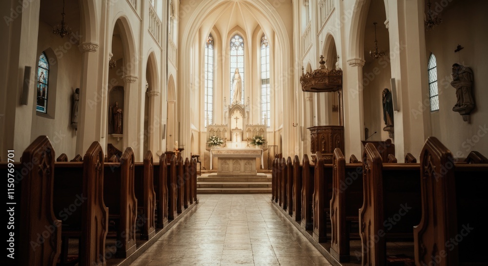 Fototapeta premium Beautiful Gothic cathedral interior with wooden pews, arches, and stained glass windows