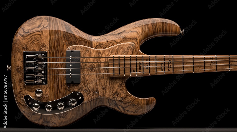 Fototapeta premium High-end wooden electric bass guitar, isolated on black background.