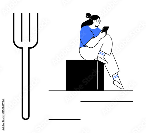 Woman in blue top and white pants sits on a black cube reading a mobile device. Large fork symbol to the left. Ideal for technology, digital media, relaxation, food, leisure, lifestyle, minimalist photo