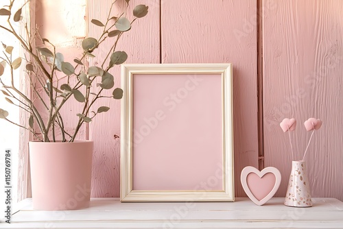 Valentine-themed photo frame mockup in soft pink tones for a cozy home setup