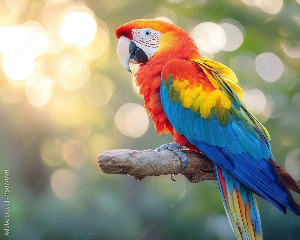 Parrot on branch with vibrant feathers, soft lighting, serene outdoor scene