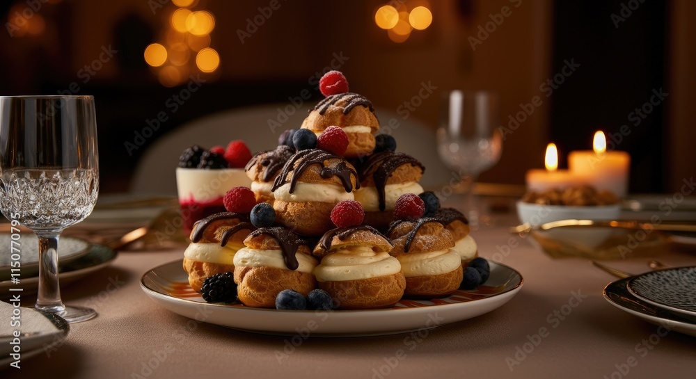 Naklejka premium Cream puffs stacked on plate, adorned with assorted berries and drizzled chocolate syrup