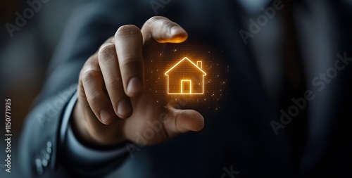 Businessman touching virtual house icon, real estate technology and digital property management