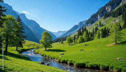 Serene mountain valley with a flowing river, blue skies, and lush green meadows