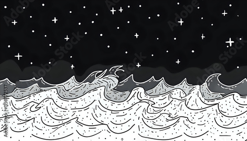 a black and white illustration of a sea with waves and mountains under a black sky with stars