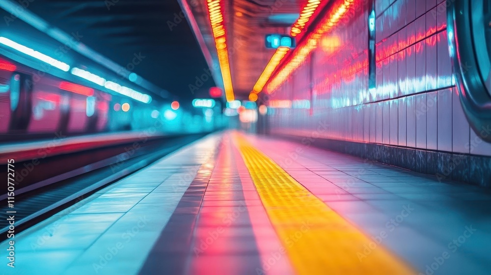 Fototapeta premium Subway station with vibrant lighting, sleek design, dynamic energy