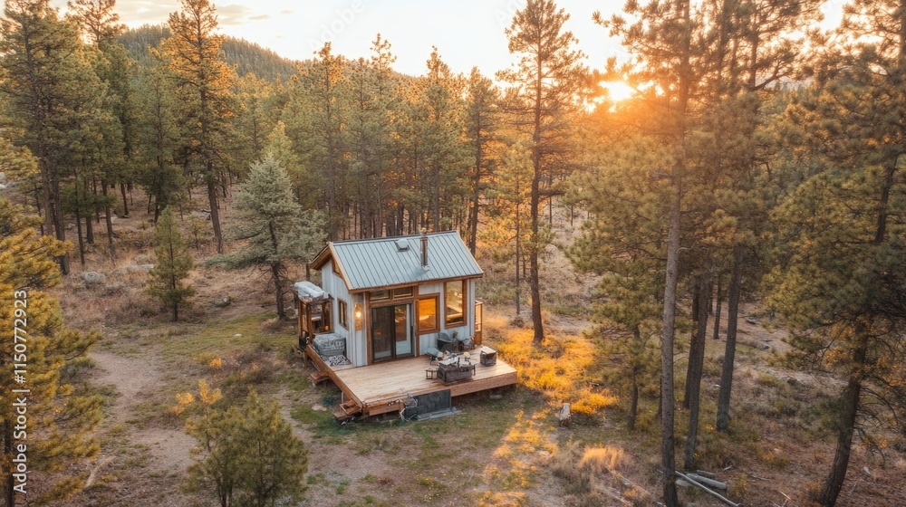 Secluded cabin in a sun-drenched forest.