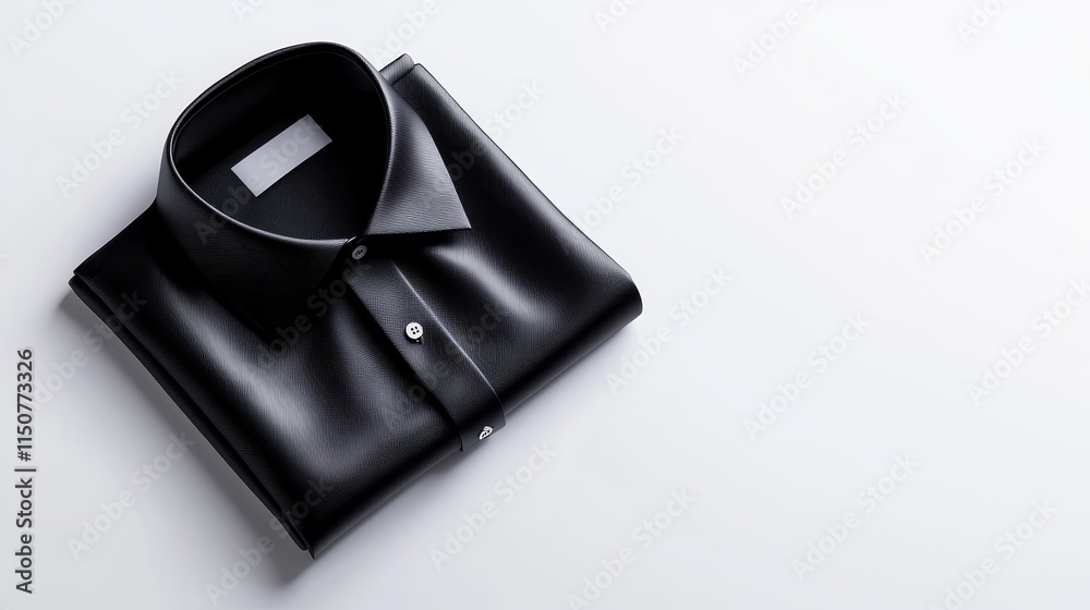 Naklejka premium Folded black collared shirt, neatly placed on white background, top-down perspective, sharp details with realistic fabric texture, for fashion mock-up