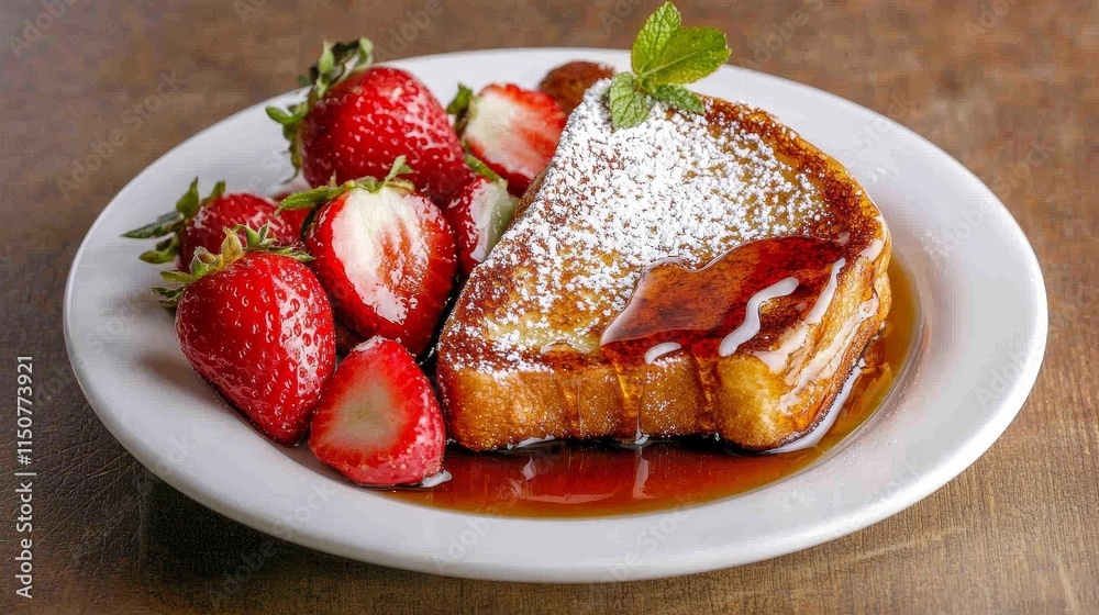 High-quality French toast dusted with fine powdered sugar, set on a simple white plate, paired with syrup for a homely breakfast look High-quality French toast dusted with fine powdered sugar, set on a simple white plate, paired with syrup for a homely breakfast look