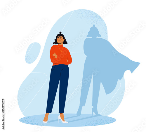 A vector illustration of a confident woman standing with arms crossed, her shadow reflecting a superhero with a cape. Concept of inner strength, empowerment, and self-confidence.