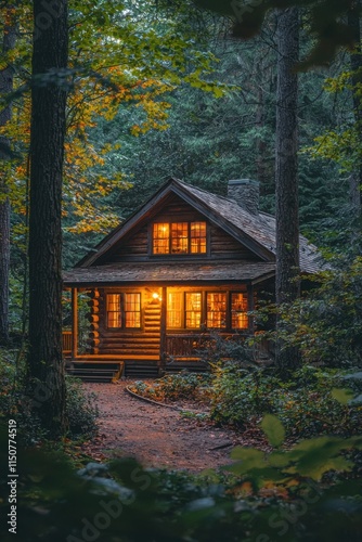 Cozy wooden cabin illuminated at dusk in a serene forest setting