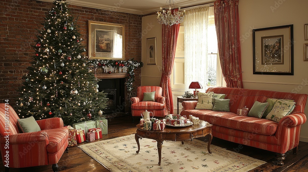 Fototapeta premium Luxurious Christmas Living Room Interior with Decorated Tree and Red Sofa