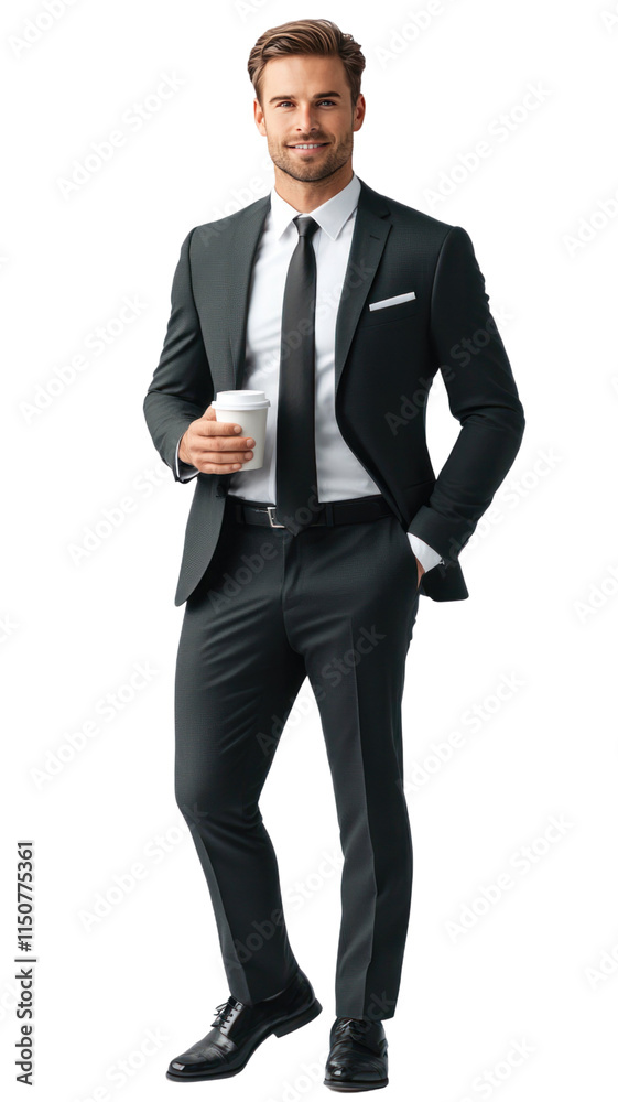 A well-dressed man in a suit holding a coffee cup, exuding professionalism and style. A well-dressed man in a suit holding a coffee cup, exuding professionalism and style.