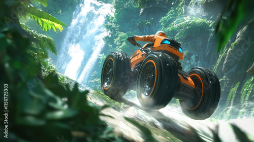 
A wild journey in a gyroscopic unicycle combined with a jetpack, zooming through a dense jungle with cascading waterfalls in the background. The dynamic motion and lush scenery create a sense of exhi photo