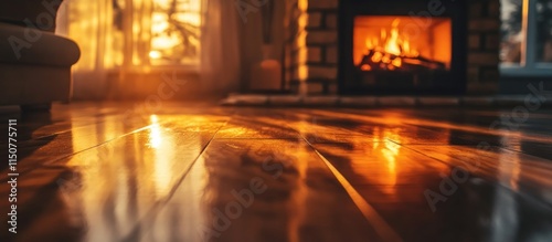 Warm glow reflecting on wooden floor from fireplace.