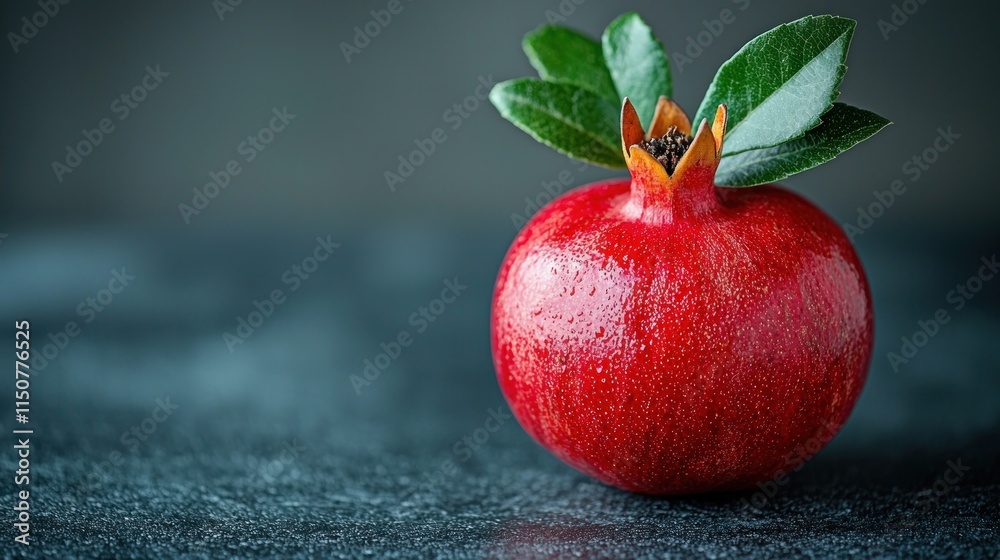 A close-up of a fresh, red pomegranate with green leaves on a textured surface. A close-up of a fresh, red pomegranate with green leaves on a textured surface.