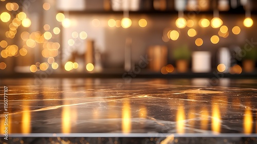 Modern dark marble kitchen island, smooth surface with deep veins, surrounded by blurred warm kitchen ambiance, perfect for product display