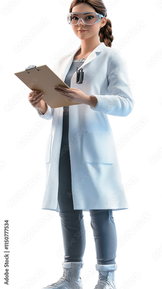A female doctor in a lab coat holds a clipboard, symbolizing healthcare and professionalism.