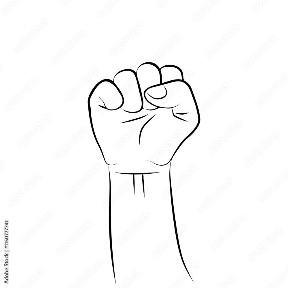 raised fist, clenched fist, symbol of solidarity, strength or resistance black and white vector illustration