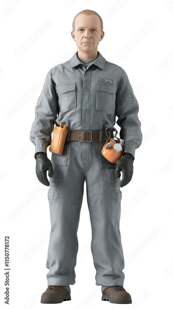 Naklejka premium A figure in a gray jumpsuit with gloves, holding tools, likely representing a technician or worker in a specific industry.