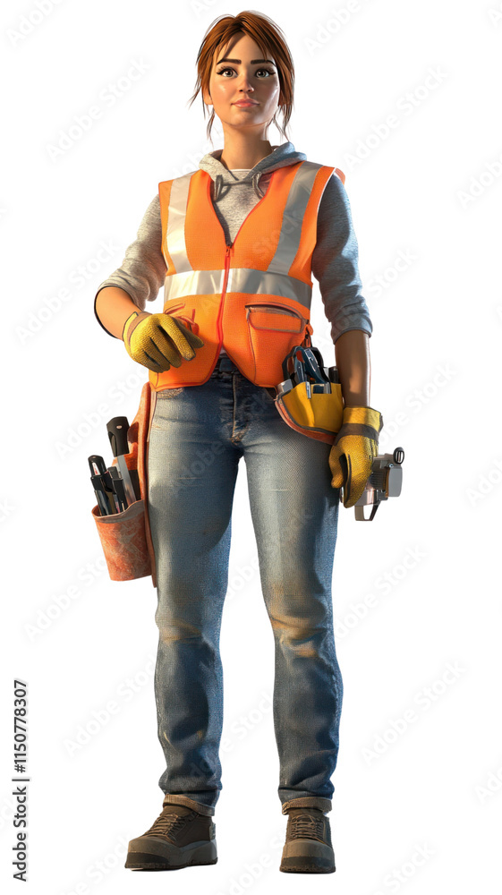 A construction worker wearing a safety vest and gloves, ready for work with tools at hand. A construction worker wearing a safety vest and gloves, ready for work with tools at hand.
