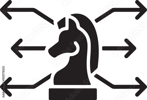 An illustration of a chess knight piece icon with arrows indicating its possible movement paths, symbolizing strategic planning in a chess game