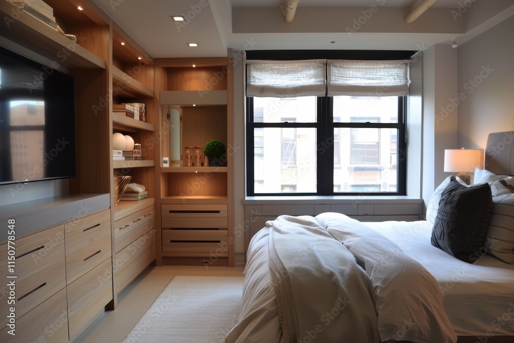 Fototapeta premium Modern bedroom design featuring cozy bedding and elegant wood accents in a spacious, well-lit room