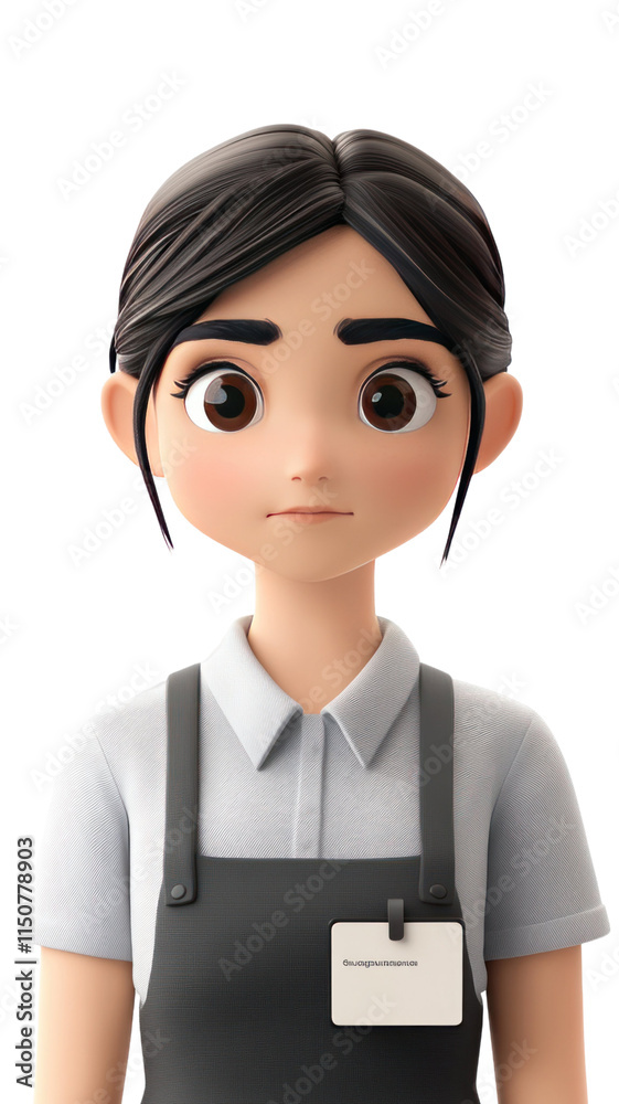 A stylized animated character with dark hair and a neutral expression, wearing a collared shirt and an apron with a name tag. A stylized animated character with dark hair and a neutral expression, wearing a collared shirt and an apron with a name tag.