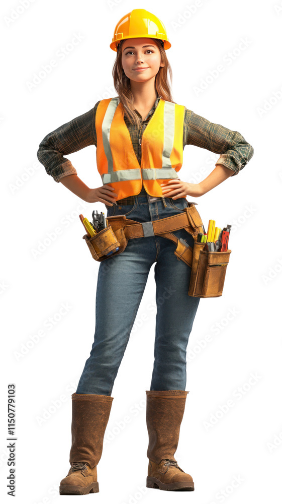 A female construction worker stands confidently, wearing a hard hat and safety vest, ready for work in an industrial setting. A female construction worker stands confidently, wearing a hard hat and safety vest, ready for work in an industrial setting.