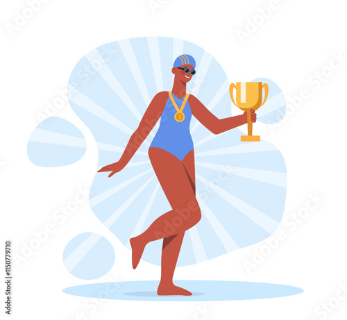 A vector illustration of a swimmer in a blue swimsuit holding a gold trophy and wearing a medal. Concept of victory, achievement, sportsmanship, and athletic success.